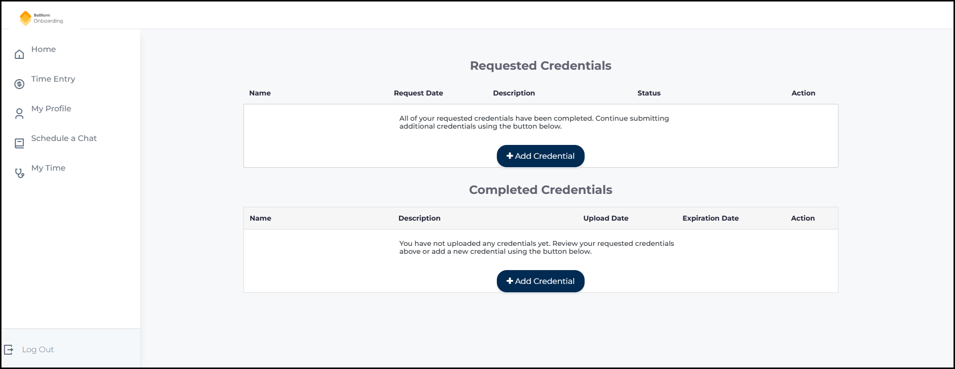 The old Credentials page showing separate Requested Credentials and Completed Credentials tables with text-based action links.